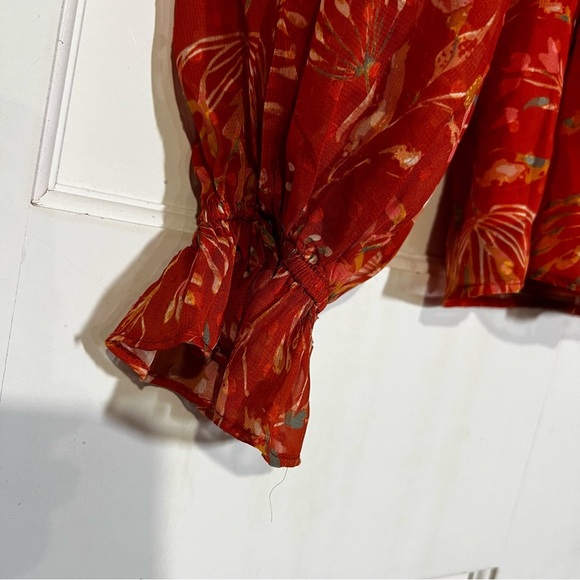 Aura Floral Blouse Autumn Red Orange Pleated Size Medium - Picture 3 of 7
